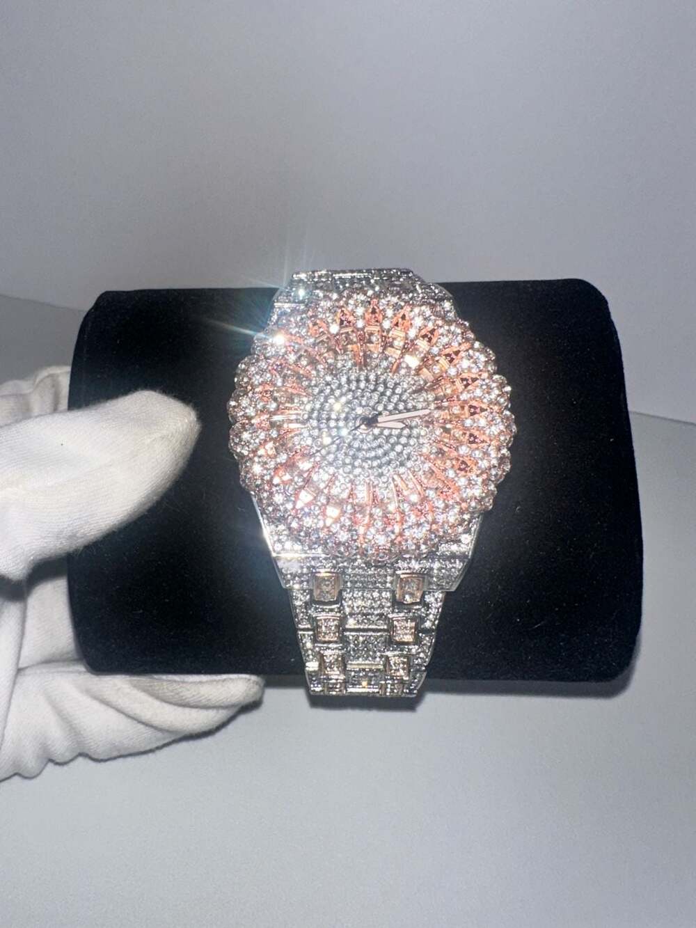 Silver & Rose Gold Iced Out Rhinestone Fashion Watch – Sunburst Bezel